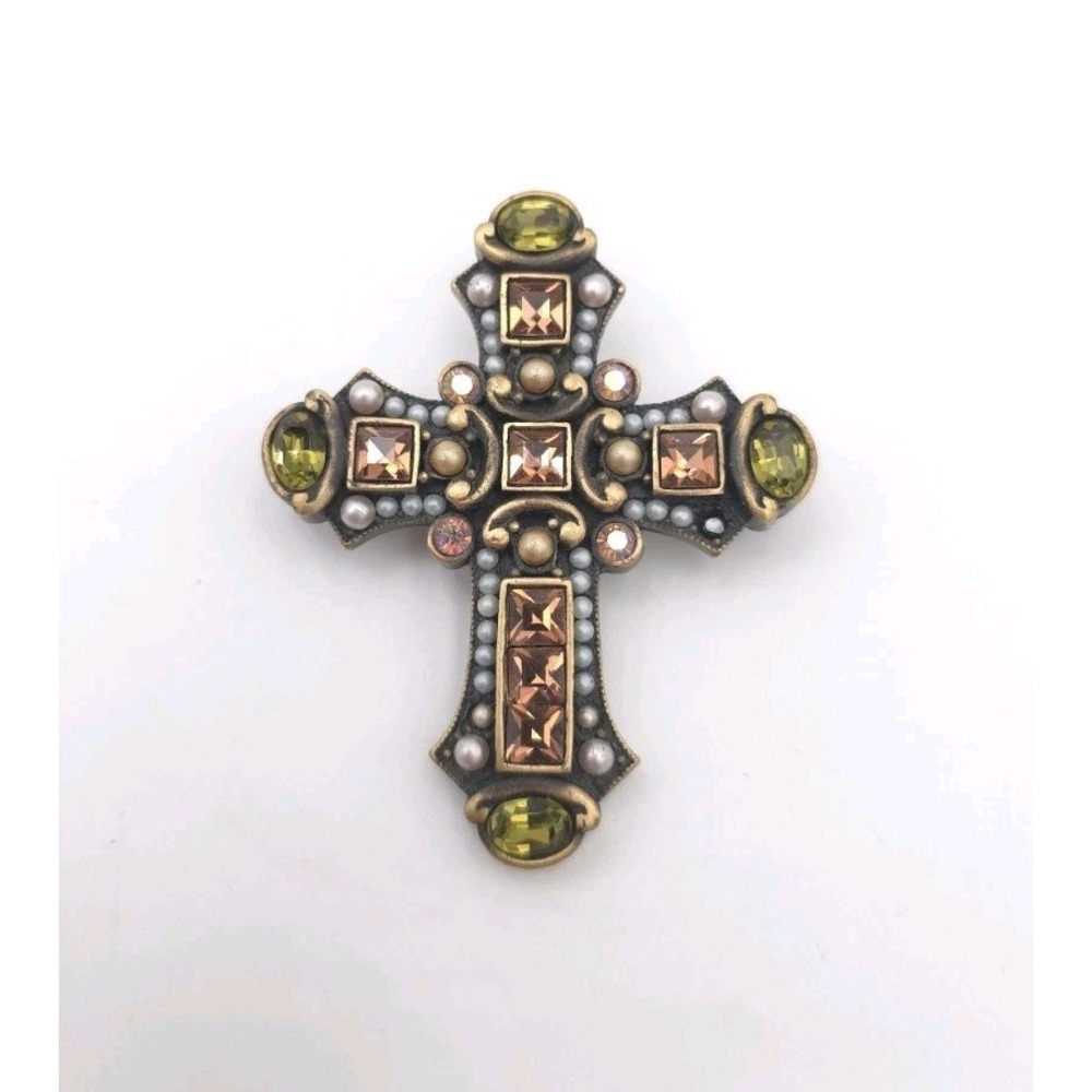 Vintage Jay Strongwater Swarovski Crystal Faux Pearl Green Cross Brooch Pin Y2k